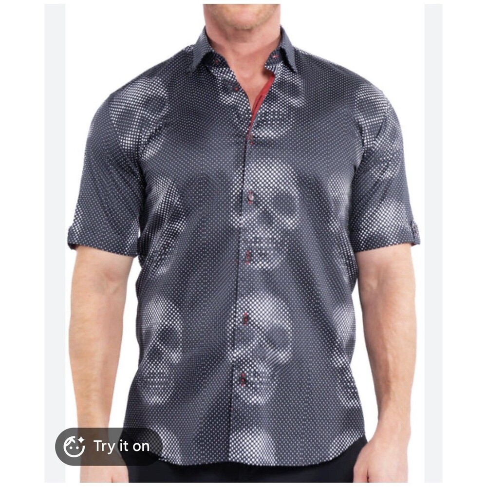 Maceoo Galileo Skull White Short Sleeve Button Down Shirt Mens 6/2XL Italian